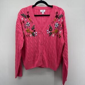 Myra Bag Alayna Cardigan Sweater Womens Large Pink Floral Embroidered Cable